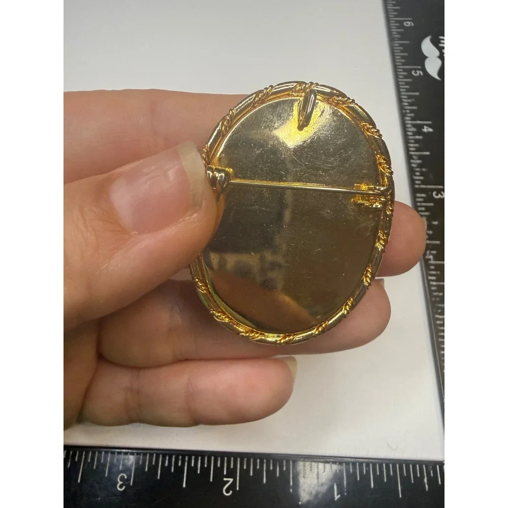 Vintage Gold Tone Oval Cameo Brooch Pendant‎ Female Profile Brown White Jewelry